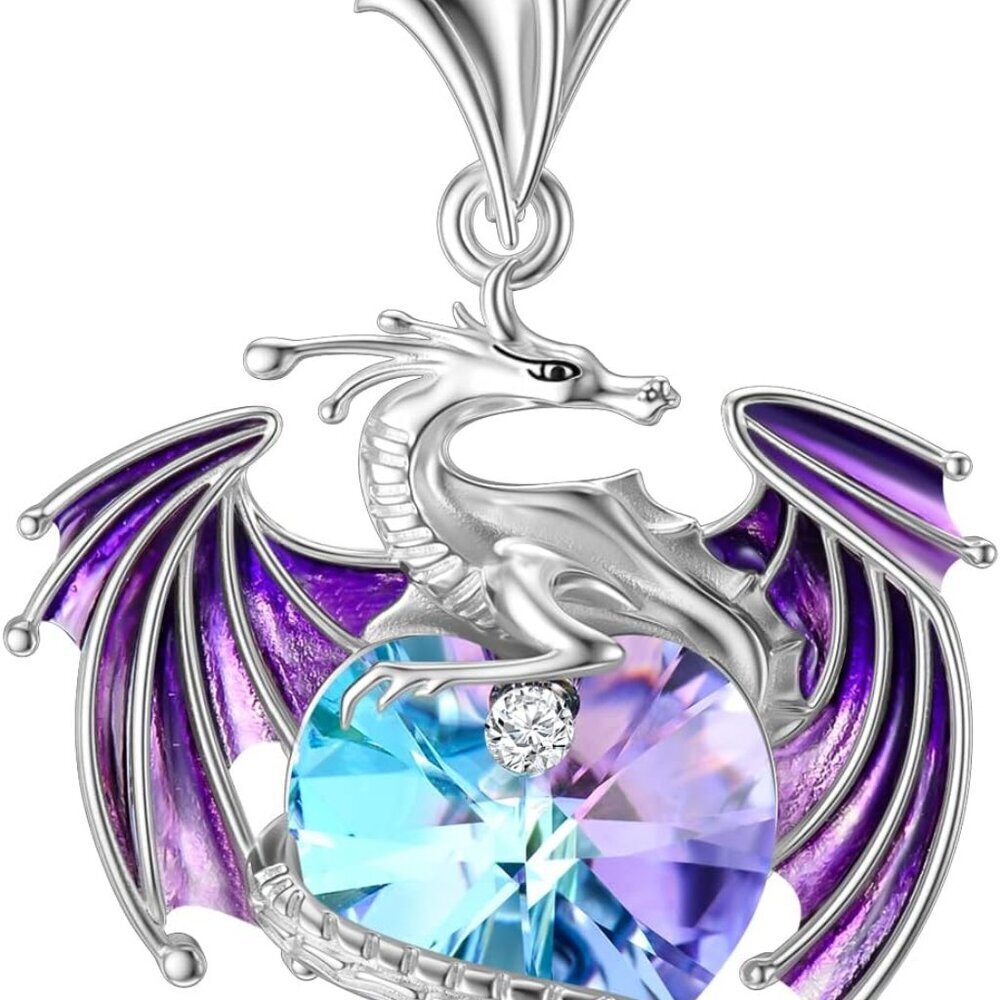 Sterling Silver Dragon Necklace Birthstone Crystal Gift for Women